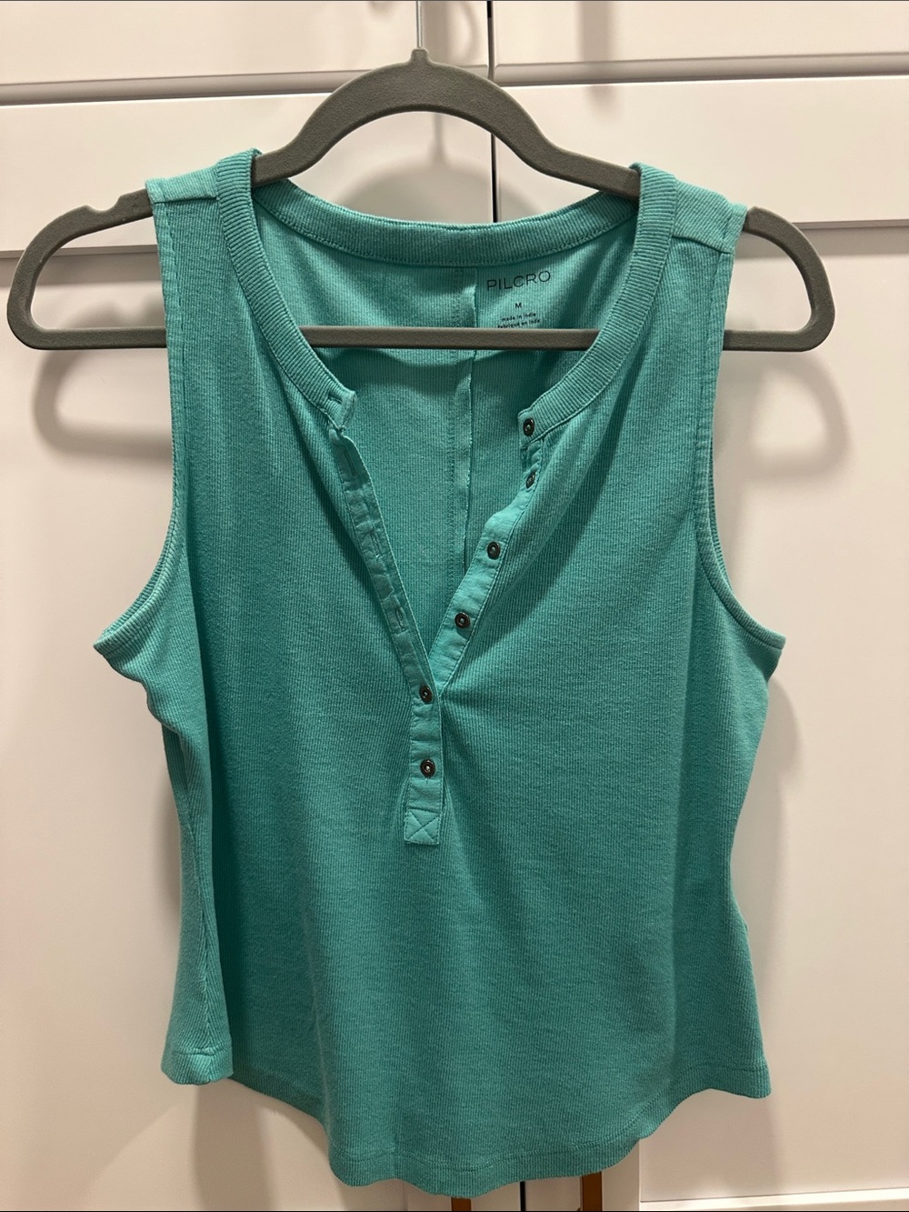 Pilcro Sleeveless Henley Tank in Teal Green